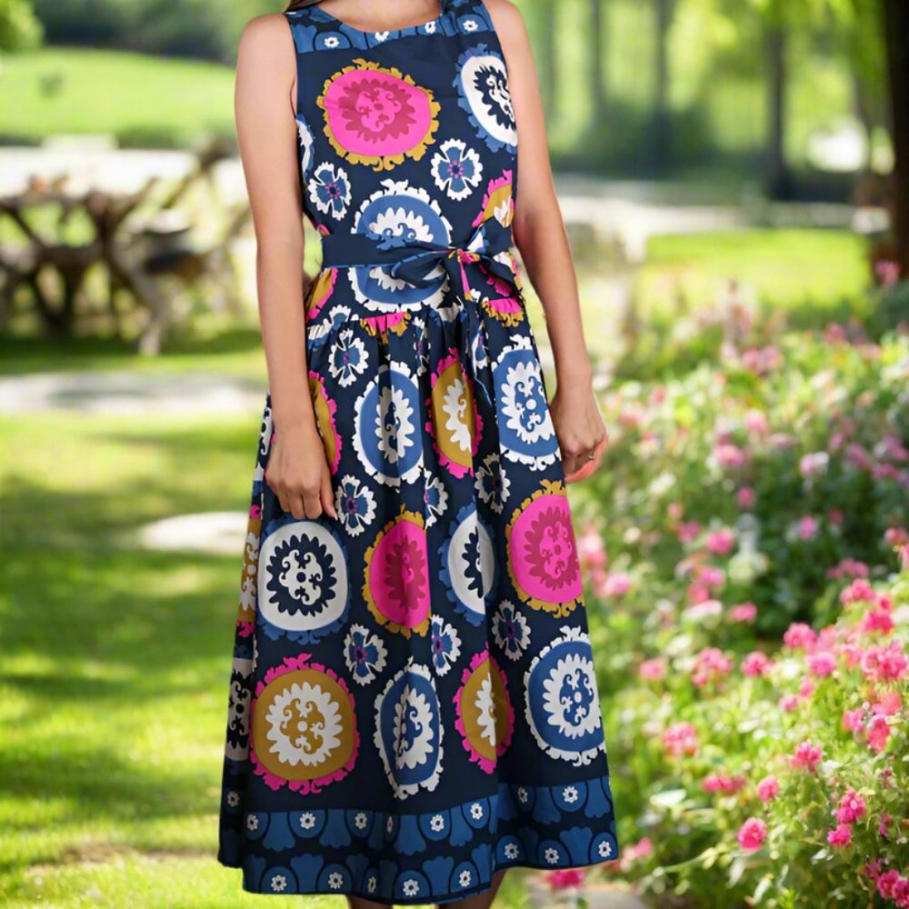 NWT Zenara Woman Navy Multi-Print Belted Tank Dress